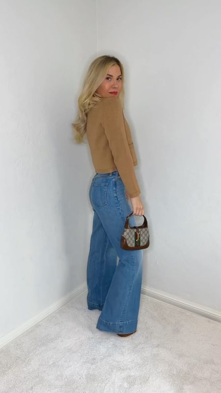 Trouser jeans
Wide leg jeans 
Cardigan 
Gucci bag 
Spring Outfit 
#LTKshoecrush #LTKVideo #LTKitbag