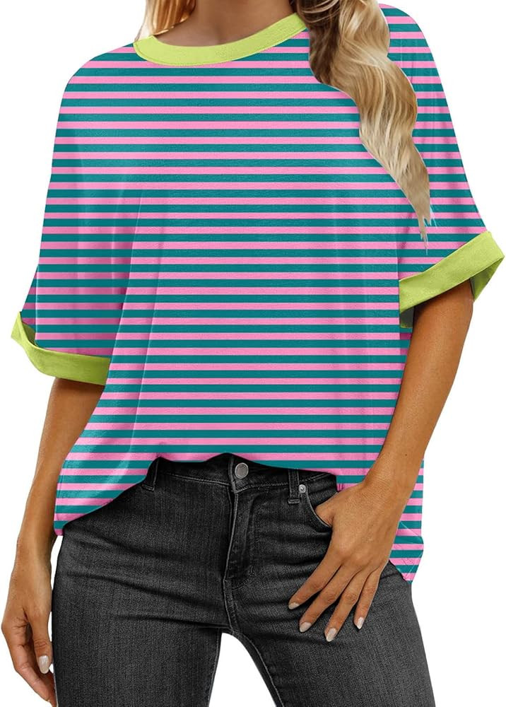 Women Oversized Striped Color Block Short Sleeve T-Shirts Casual Loose Crew Neck Summer Tops 2024... | Amazon (US)