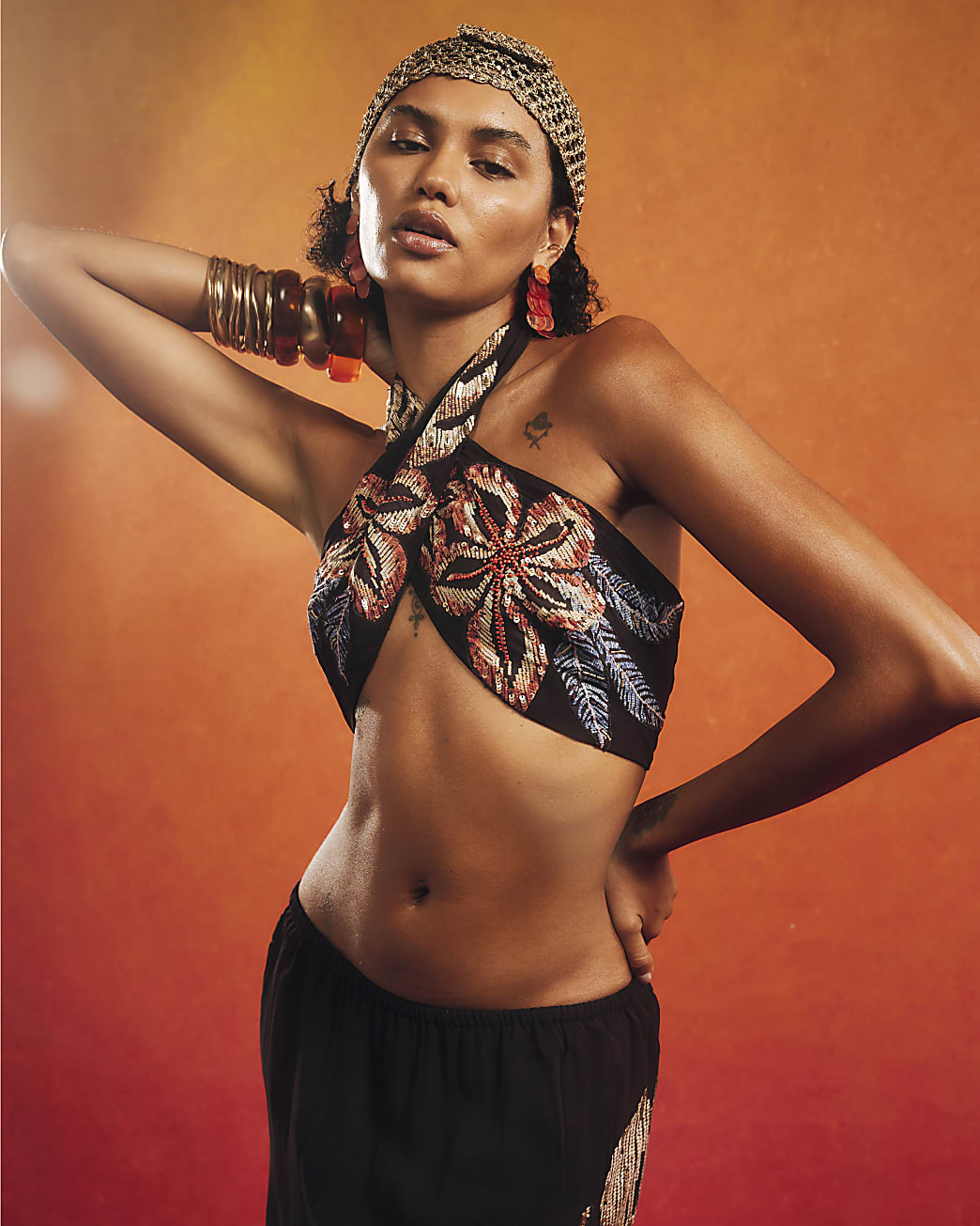 Black Beaded Floral Halter Neck Crop Top | River Island UK & IE