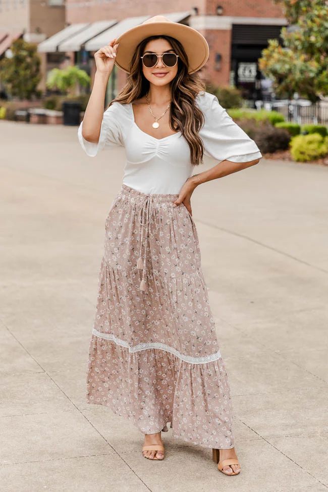 Here To Party Taupe Floral Maxi Skirt | Pink Lily