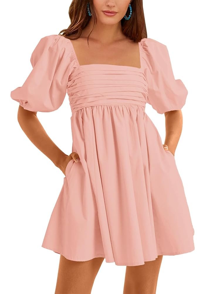 Ebifin Womens Square Neck Dresses Half Puff Sleeve High Waist A-Line Casual Backless Smocked Shor... | Amazon (CA)