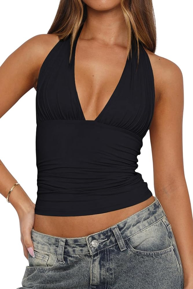 LCNBA Women's Sexy Backless Tie Up Halter Crop Top Deep V Neck Going Out Tops | Amazon (US)