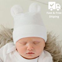 White Gender Neutral Fuzzy Bear Ear Newborn Boy Or Girl Hospital Hat For Newborns - Nursery Beanie | Etsy (US)
