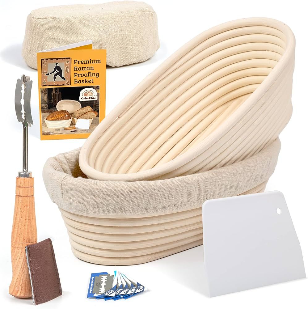 10 Inch Oval Bread Banneton Proofing Basket with Liner Cloth– Set of 2 + Premium Bread Lame and... | Amazon (US)