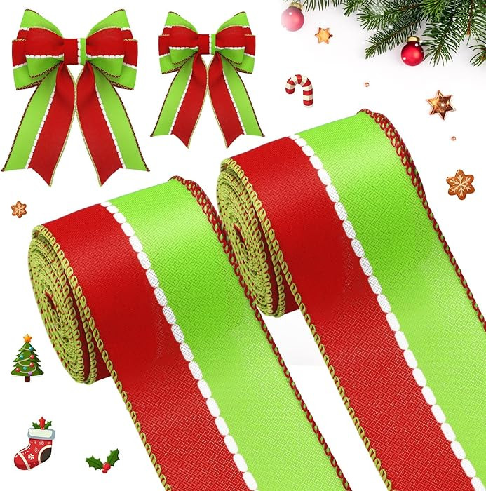 Norme 2 Rolls Red and Lime Green Christmas Ribbon 2.5 Inches Wide 10 Yards Ribbon with Wired for ... | Amazon (US)