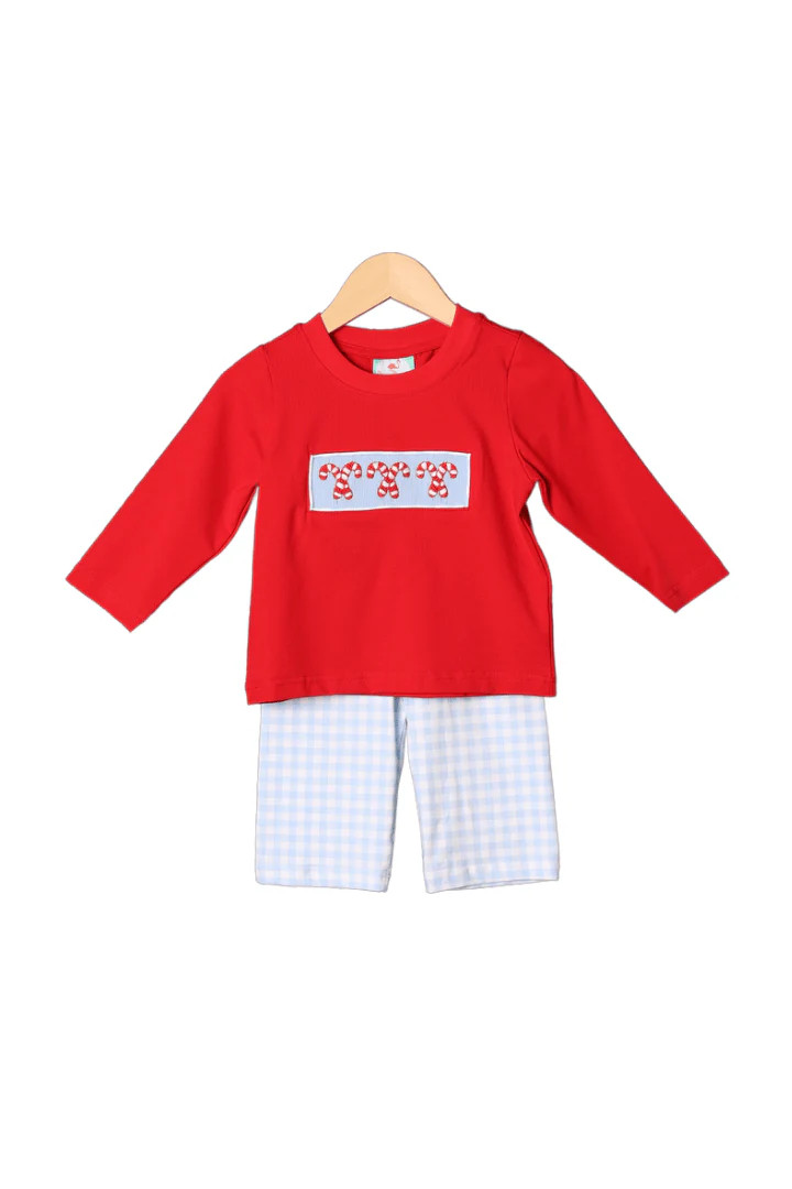 Smocked Blue Gingham Red Knit Candy Cane Pant Set | The Smocked Flamingo