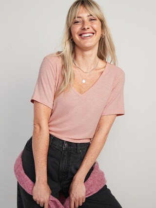 Short-Sleeve Luxe V-Neck Rib-Knit T-Shirt for Women | Old Navy (US)