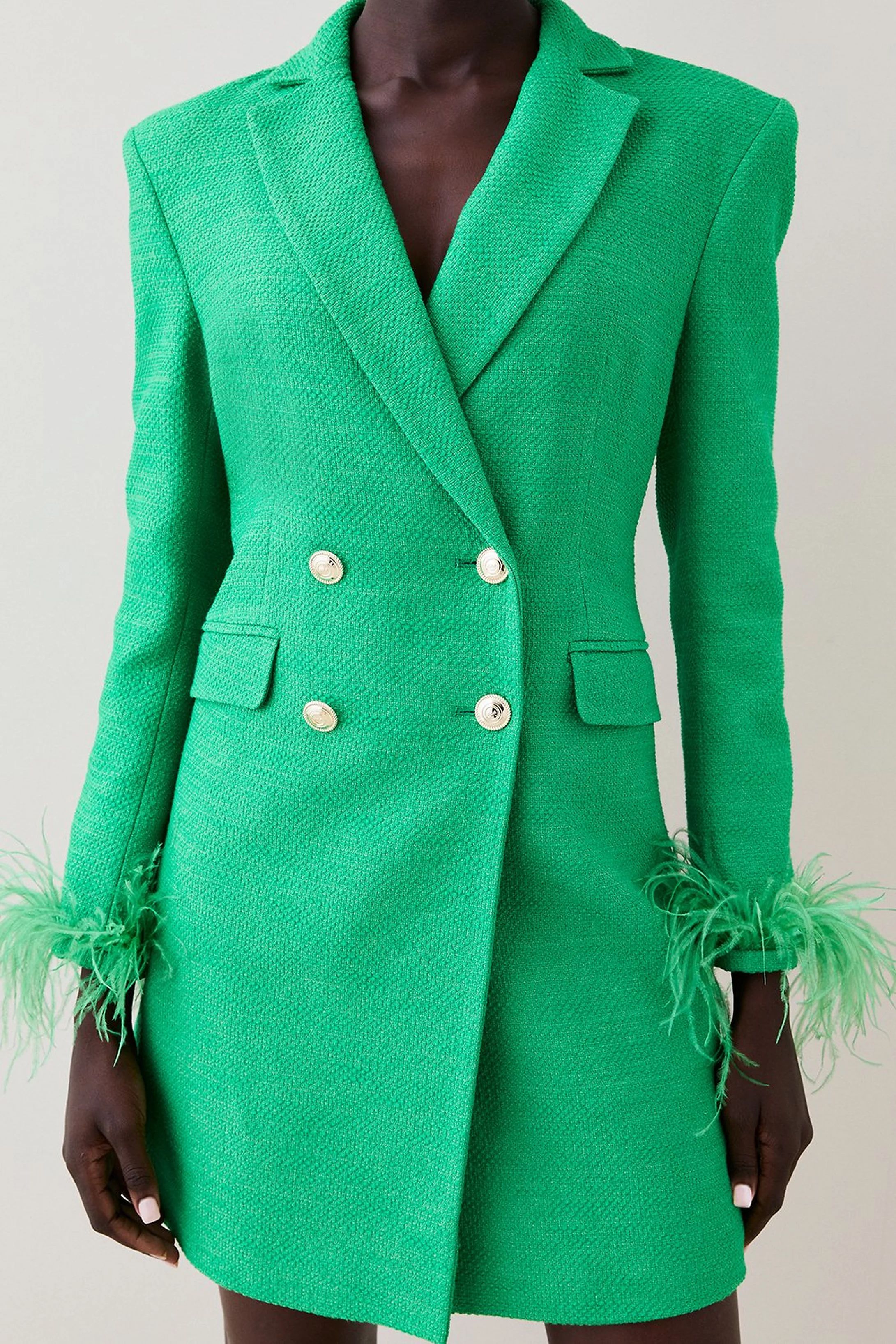 Boucle Double Breasted Feather Cuff Blazer Mini Dress | Karen Millen UK + IE + DE + NL
