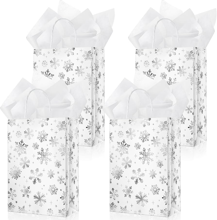 Silkfly 50 Pack Frozen Gift Bag Snowflake Party Bags Winter Frozen Goodie Bags with Tissue Paper ... | Amazon (US)