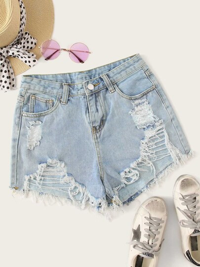 Distressed Frayed High-Rise Denim Shorts | SHEIN