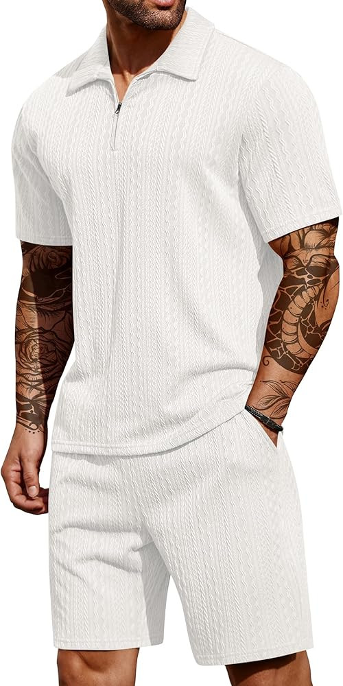 COOFANDY Men's 2 Pieces Outfits Casual Quarter Zip Polo Shirt and Shorts Set Athletic Jogging Sum... | Amazon (US)