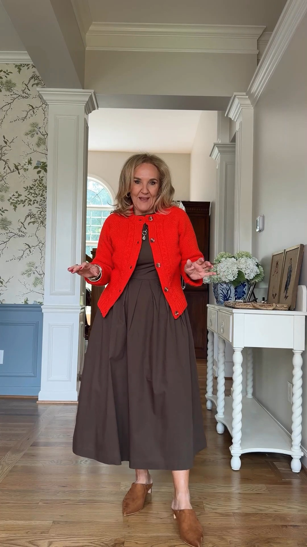 Use code NANETTE15 and get 15% off your 1st order at Avara

Well, this red cardigan certainly woke up the brown dress! I’m wearing a medium in both, and I really like how the bright color changes the whole mood of the dress.