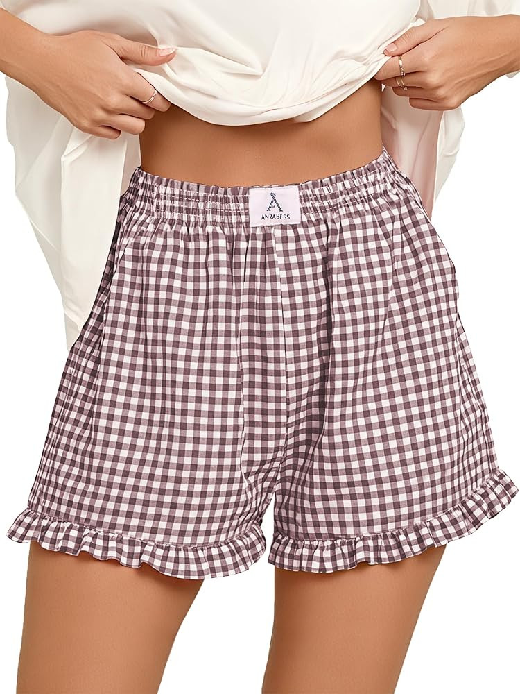 ANRABESS Boxer Shorts for Women,Gingham Plaid Elastic Waist Ruffle,Perfect for Lounge,Pajama&Slee... | Amazon (US)