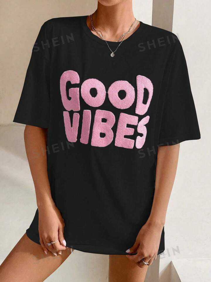 SHEIN EZwear Women Simple Round Neck Towel Embroidered T-Shirt With Printed Pattern | SHEIN USA | SHEIN