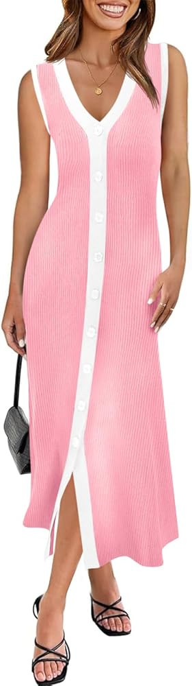 Saodimallsu Womens Summer Button Down Sweater Dresses Sleeveless V Neck Casual Ribbed Knit Color ... | Amazon (US)