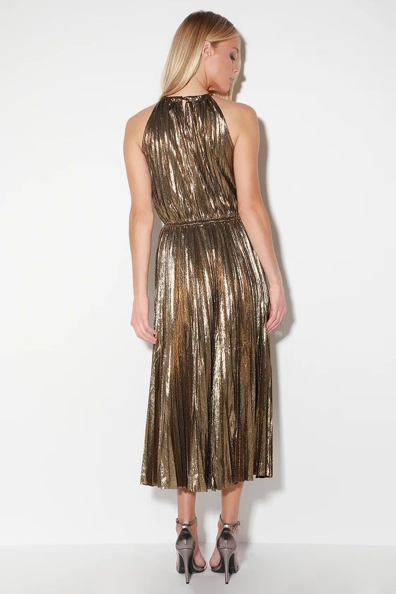 Christina Gold Pleated Halter Midi Dress | Lulus (US)