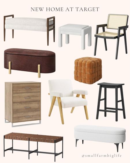 New home styles at Target. Living room. Dining room. Cream boucle storage bench with metal legs. Cream boucle upholstered ottoman. Black counter height bar stool. Woven upholstered arm accent chair. Square woven pouf ottoman. Metal and wood 4 drawer dresser. Wood framed woven panel dining chair. Wood framed upholstered bench. Dark brown faux leather storage bench with wooden legs. Brown woven faux leather bench with metal base  

#LTKHome #LTKStyleTip