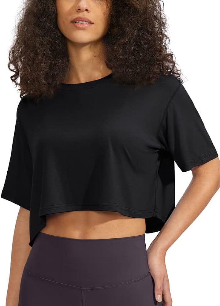 SANTINY Women's Workout Crop Tops Short Sleeve Loose Fit Cropped T-Shirt Gym Athletic Yoga Shirts for Women | Amazon (US)