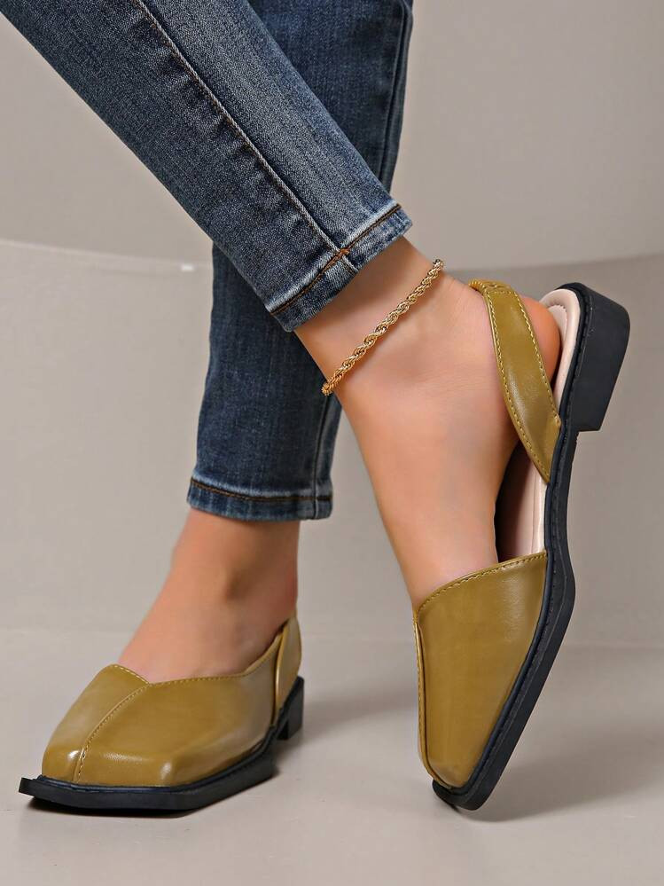 Women's Fashion High Heels - Square Toe Design, Chunky Heel, Beige & Gold Faux Leather Upper, Rubber Sole, Comfortable Everyday Wear | Fashion Flat Sandals | Rubber Sole Shoes | SHEIN