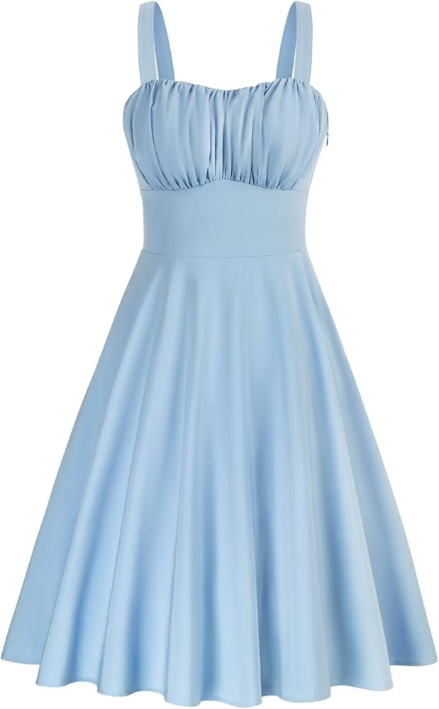 Belle Poque Women's Vintage Sleeveless Solid Floral Ruched Summer Cute A-Line Flowy Swing Midi Dr... | Amazon (US)