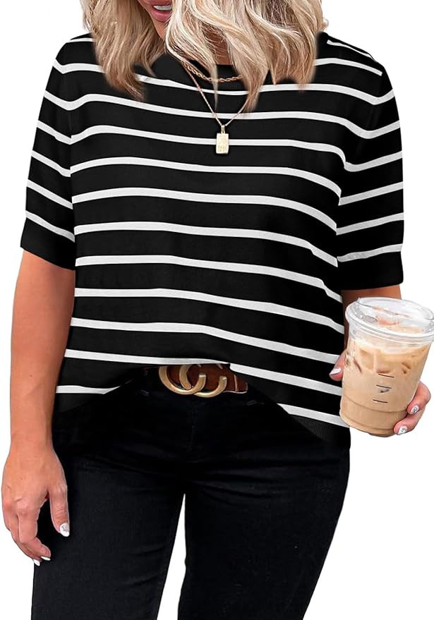Eytino Women Plus Size Sweater Tops Short Sleeve Crewneck Striped Tshirts Casual Summer Blouses S... | Amazon (US)