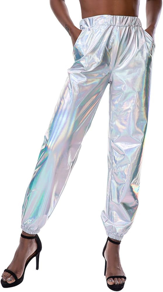SIAEAMRG Womens Shiny Metallic High Waist Stretchy Jogger Pants, Wet Look Hip Hop Club Wear Holog... | Amazon (US)