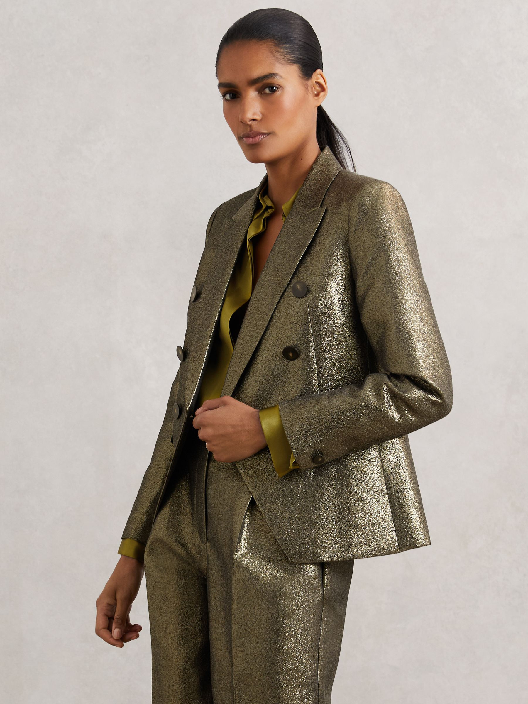 Petite Double-Breasted Metallic Suit Blazer with Cotton in Gold | Reiss US