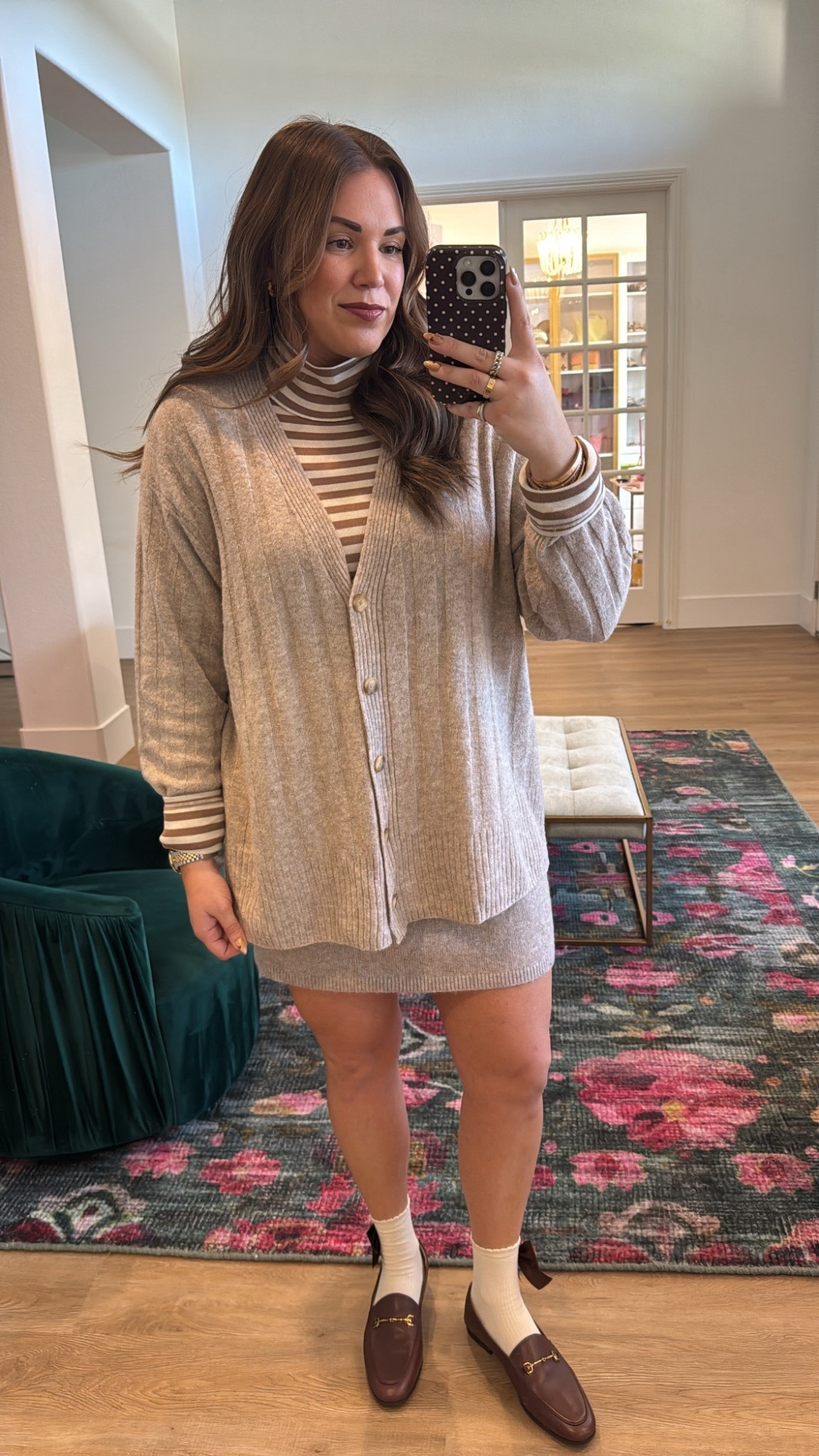 curvy midsize Thanksgiving outfit! wearing size large in striped top, size xl in cardigan for an oversized fit, and size large in sweater skirt 

#LTKHoliday #LTKFindsUnder50 #LTKMidsize