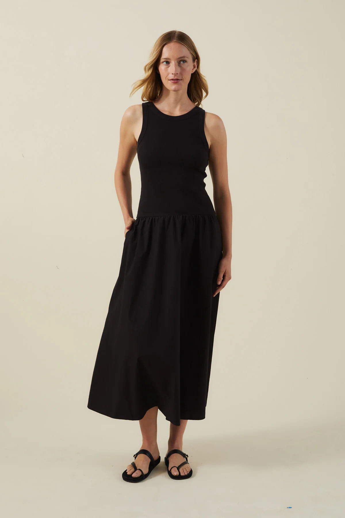 ROMILLY RIBBED COTTON POPLIN MIXED MEDIA TANK MAXI DRESS | Velvet by Graham & Spencer