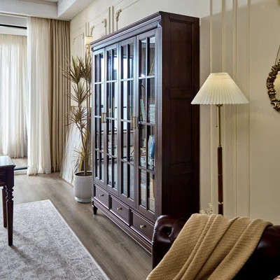 American-Style Vintage Cherry Wood Bookcase With Glass Doors And Floor-To-Ceiling Design | Wayfair North America