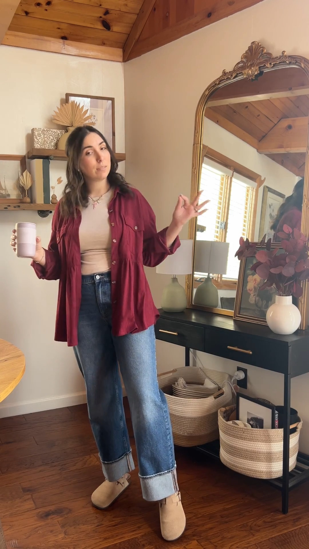 burgundy/maroon corduroy button up, peplum waist ♥️
The comfiest American Eagle cuffed jeans and clogs! 

Day three of my fifteen days of outfits!! 🥰

#LTKStyleTip #LTKFindsUnder50 #LTKMidsize