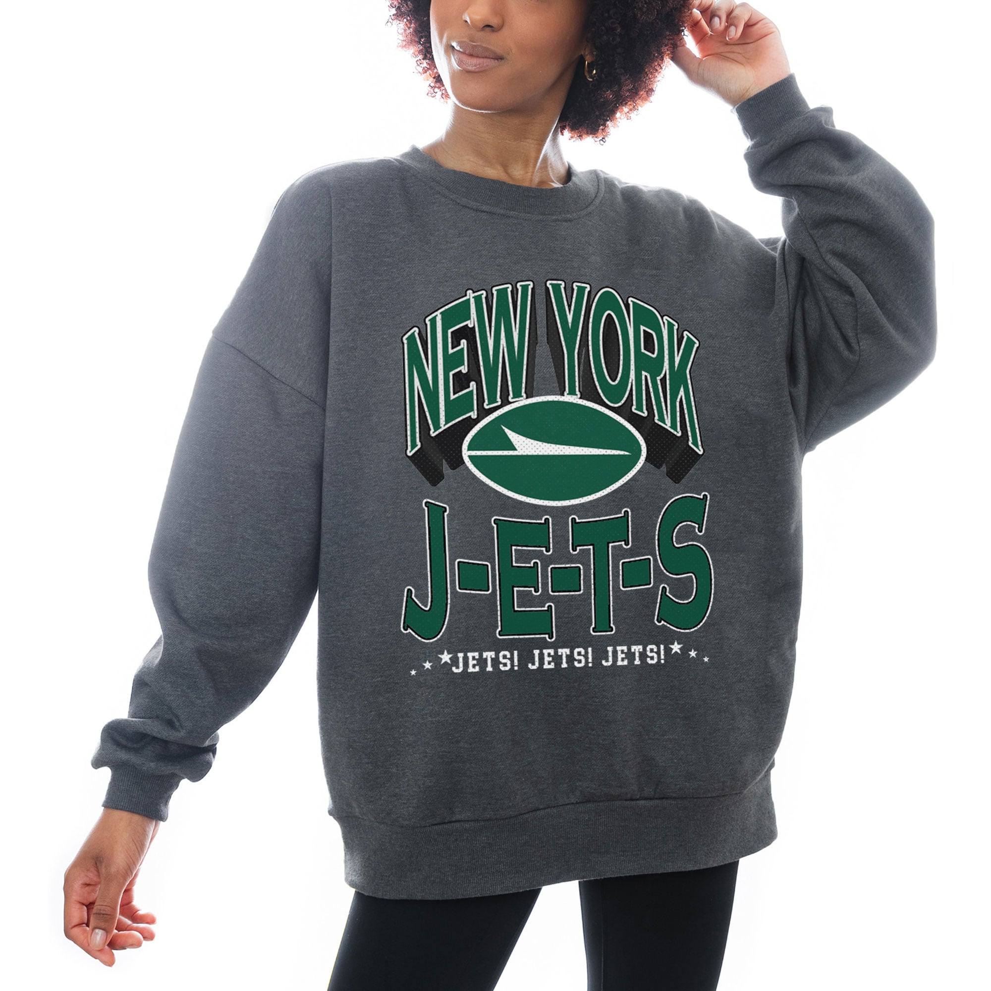 New York Jets Gameday Couture Women's Long Weekend Crewneck Oversized Pullover Sweatshirt - Charc... | Fanatics