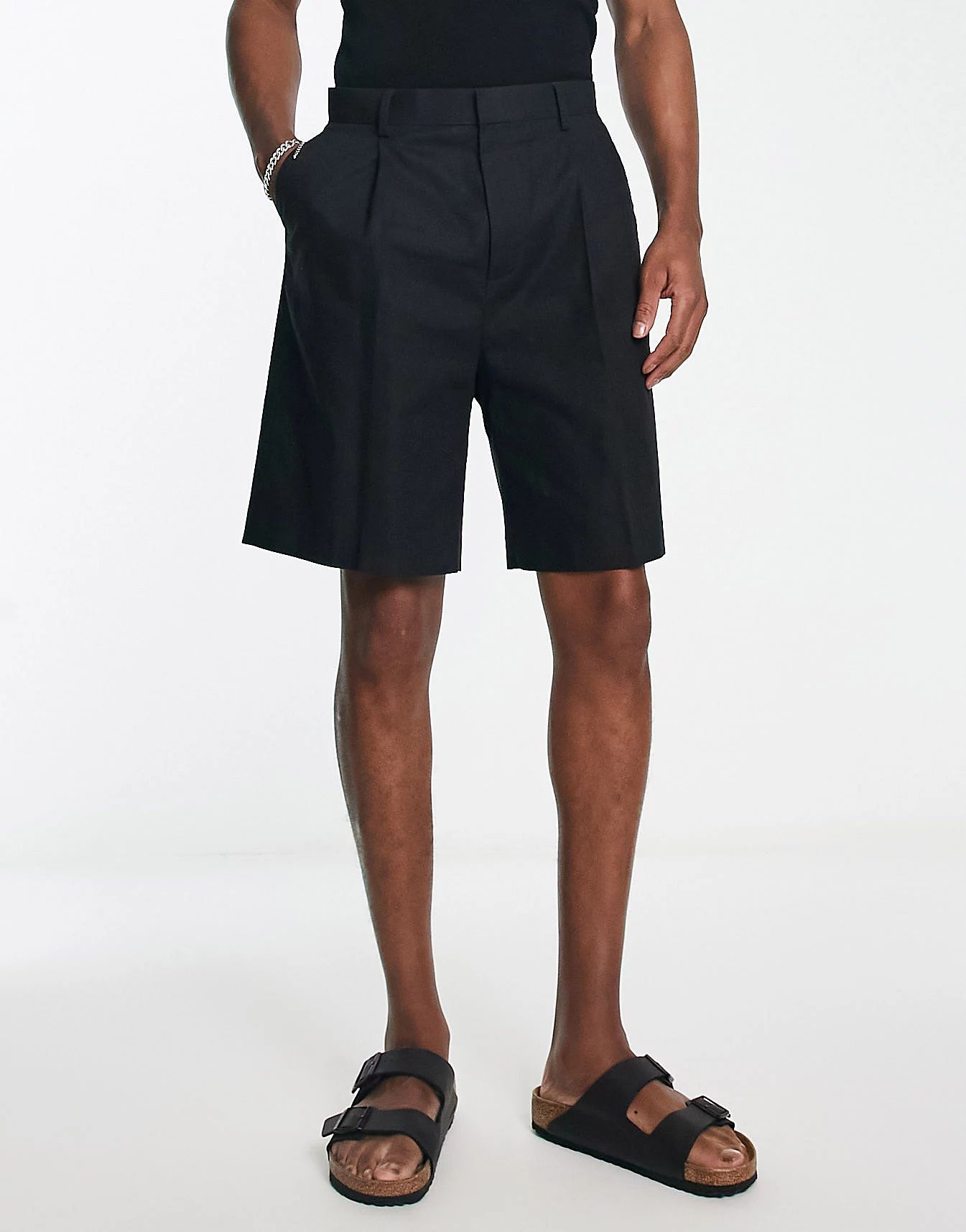ASOS DESIGN smart wide linen mix shorts in black | ASOS (Global)