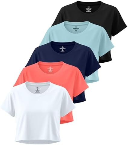 Real Essentials 5 Pack: Women's Dry-Fit Crop Top Short Sleeve Shirts Workout Gym Cropped Athletic... | Amazon (US)
