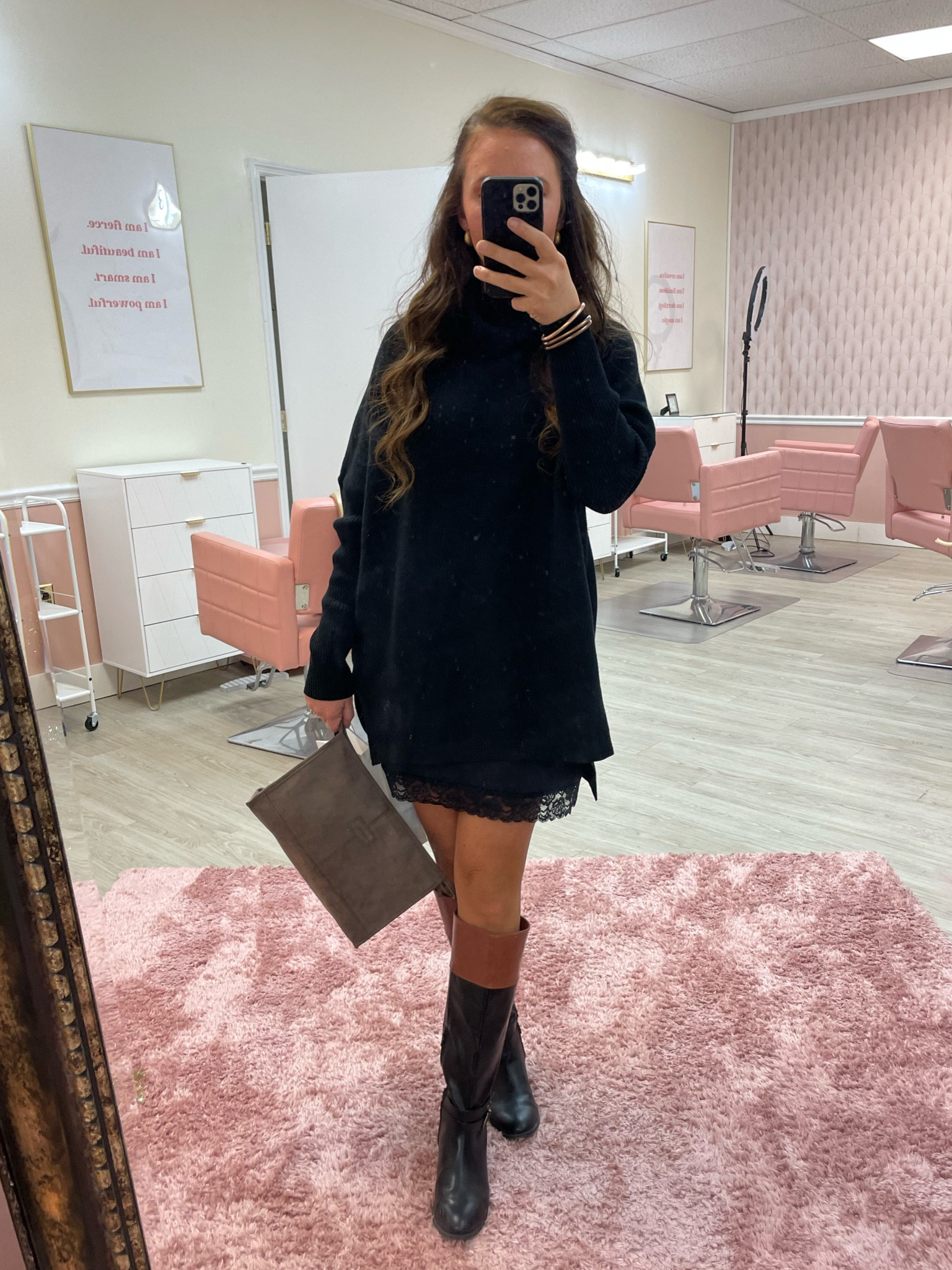 Easy comfy cute black fit 🖤

Sweater dress, lace accessories, boot season

#LTKfindsunder50 #LTKstyletip #LTKparties