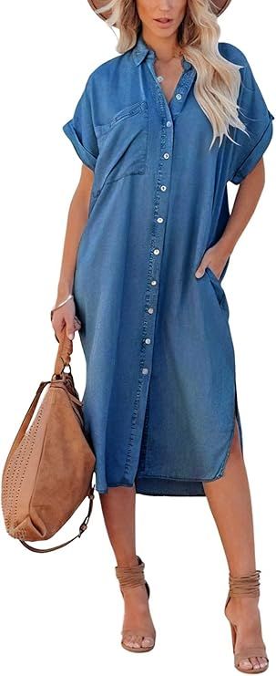 chouyatou Women's Summer Loose Hand Pocket Midi Long Tunic Denim Shirt Dress | Amazon (US)