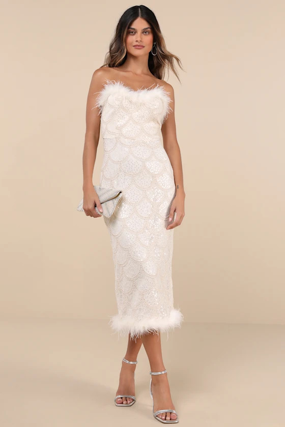 Uniquely Confident Cream Lace Feather Strapless Midi Dress | Lulus
