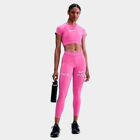Nike Women's Pro Mid-Rise 7/8 Mesh-Panel Graphic Leggings in Playful Pink/Pink Foam/White Size: Medium | Finish Line (US)