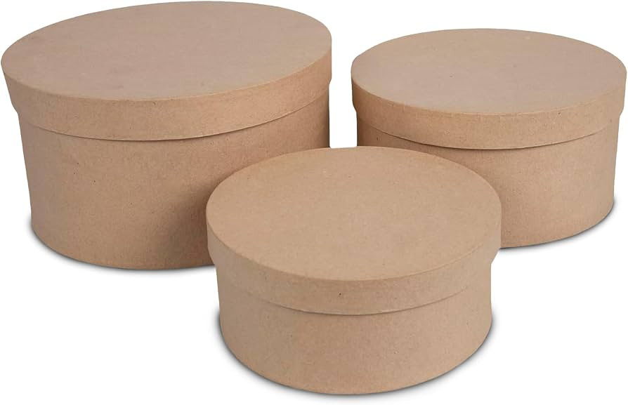 Short & Round Paper Mache Boxes with Lids (Set of 3) - Brown Kraft Paper Nesting Gift Boxes - Nes... | Amazon (US)