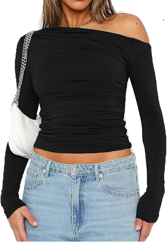ABINGOO Women Off Shoulder Long Sleeve Crop Top Sexy Ruched Boat Neck Stretch Slim Fit Solid Y2K ... | Amazon (CA)