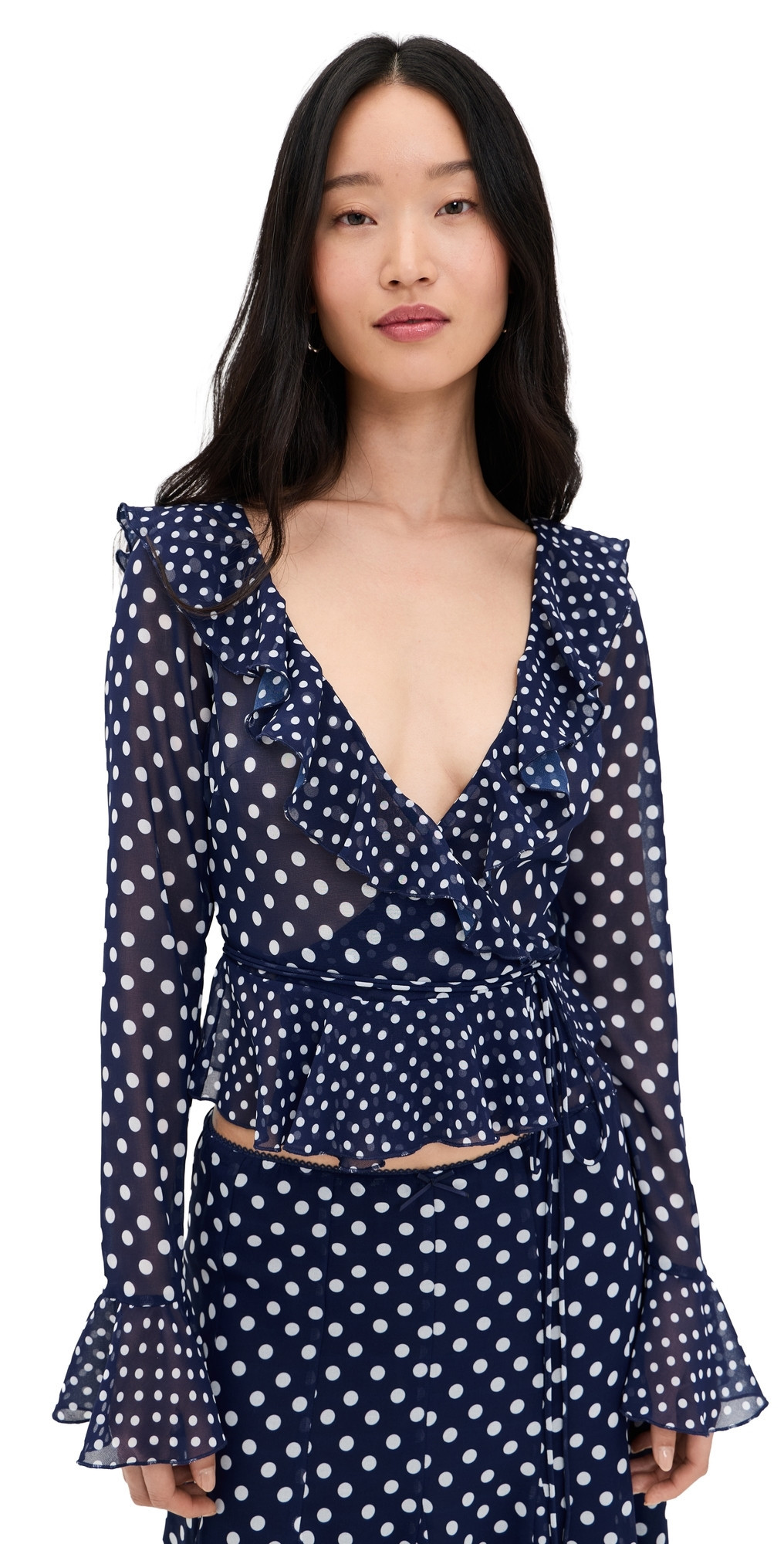 GUIZIO Mallorca Ruffle Wrap Top Navy Mixed Polka Dot S | Shopbop
