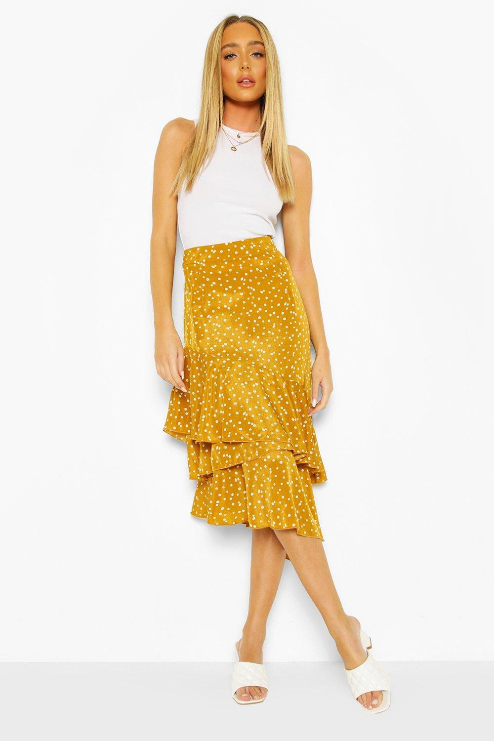 Womens Ditsy Floral Ruffle Hem Midi Skirt - Yellow - 8 | Boohoo.com (US & CA)