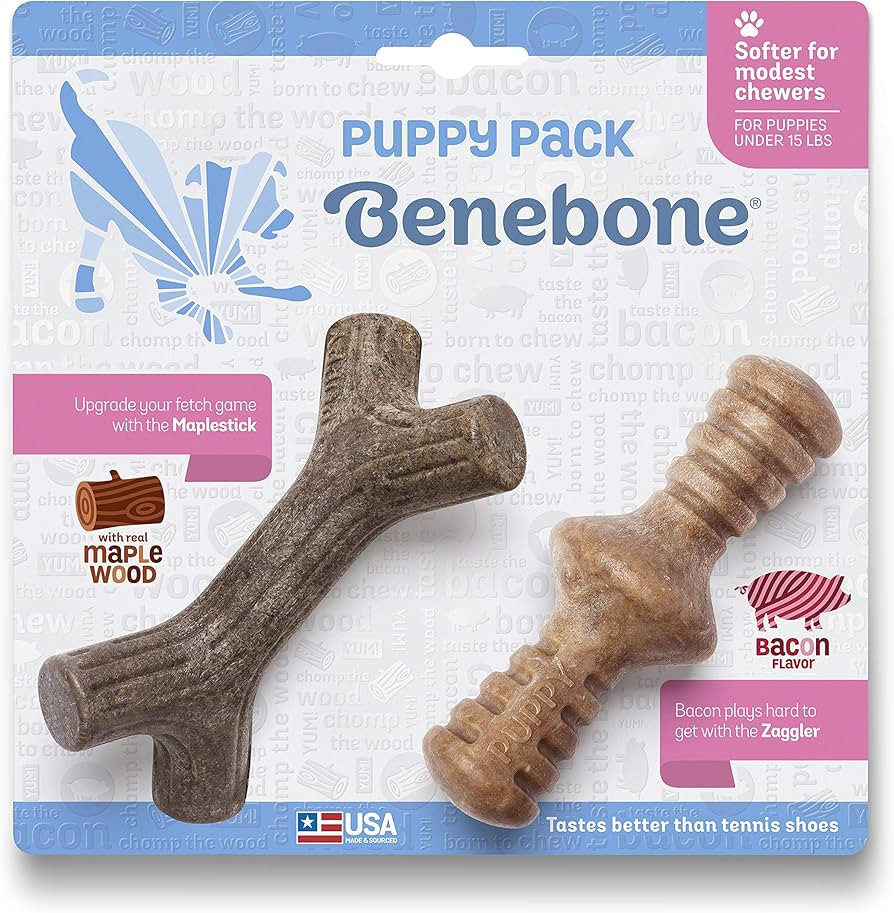 Benebone Puppy 2-Pack Maplestick/Zaggler Durable Dog Chew Toys for Gentle Chewers, Real Bacon, Re... | Amazon (US)