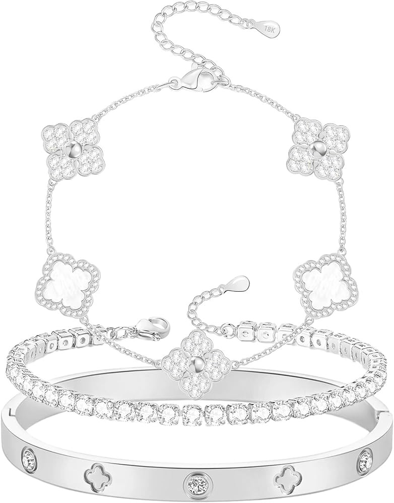 Silver Lucky 4 Leaf Stacked Bracelets 18K White Gold Plated Four Leaf Bracelet Layered Set for Lo... | Amazon (US)