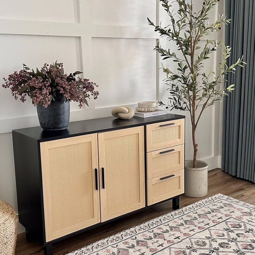 PHI VILLA Rattan Cabinet with Doors - Buffet Sideboard Cabinet with Drawers Credenza, 3 Door Stor... | Amazon (US)