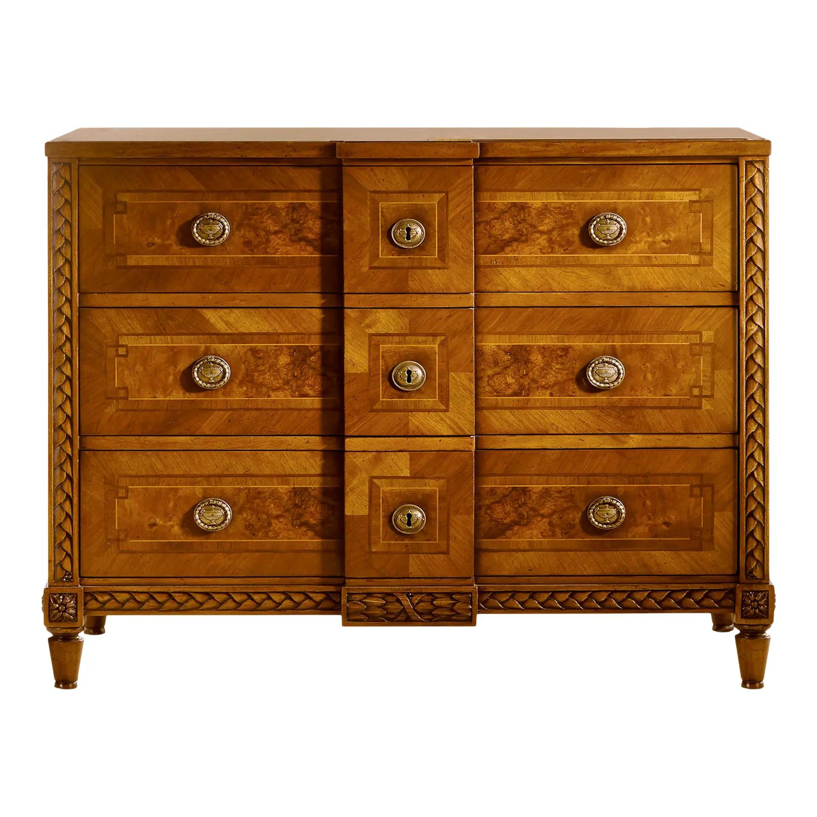 Modern History Home Continental Walnut Commode Chest With Burl Inlay | Chairish