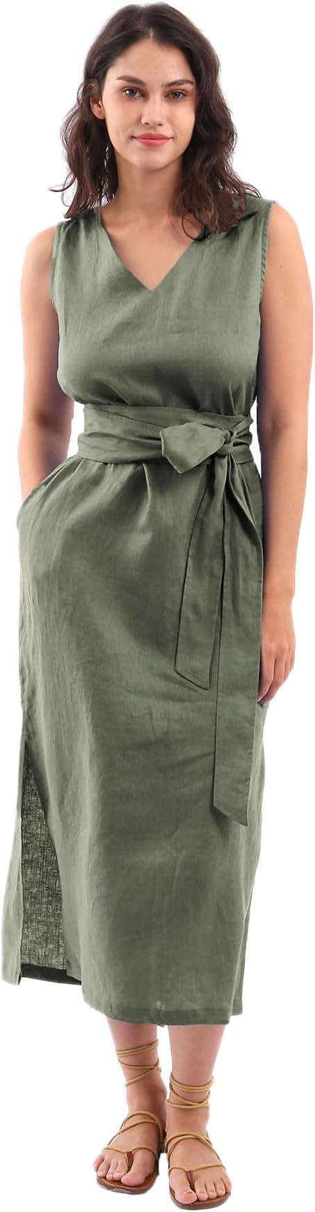 Amazhiyu Womens 100% Linen Summer V-Neck Midi Dresses Sleeveless with Pockets | Amazon (US)