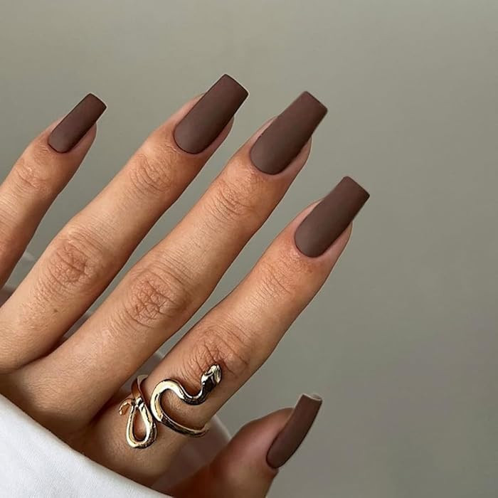 KQueenest Matte Brown Fall Press on Nails Long Medium Square, Fake Nails Press ons, Glue on Nails... | Amazon (US)