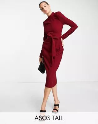 ASOS DESIGN Tall long sleeve midi dress with obi belt in red | ASOS | ASOS (Global)