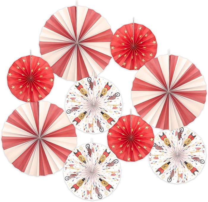 Cheerland Circus Birthday Decorations Red White Stripes Hanging Paper Fans Set Carnival Animal Wa... | Amazon (US)